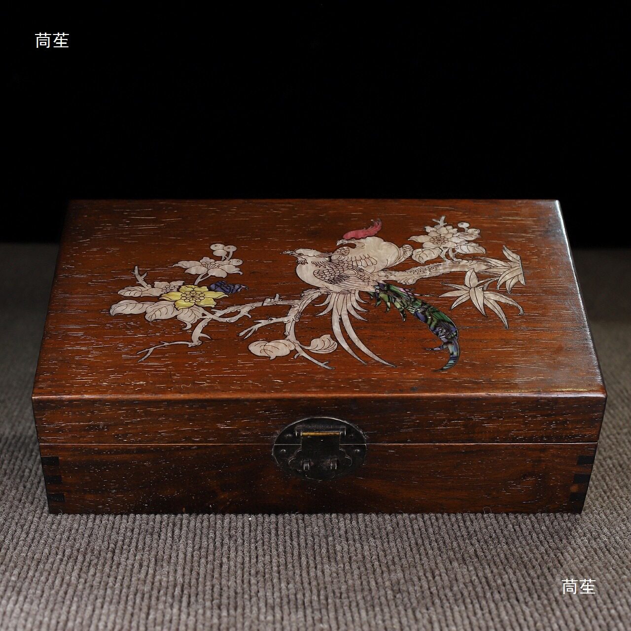 古玩木雕古董民俗老物件花梨木镶嵌贝壳花鸟首饰盒木盒复古收藏