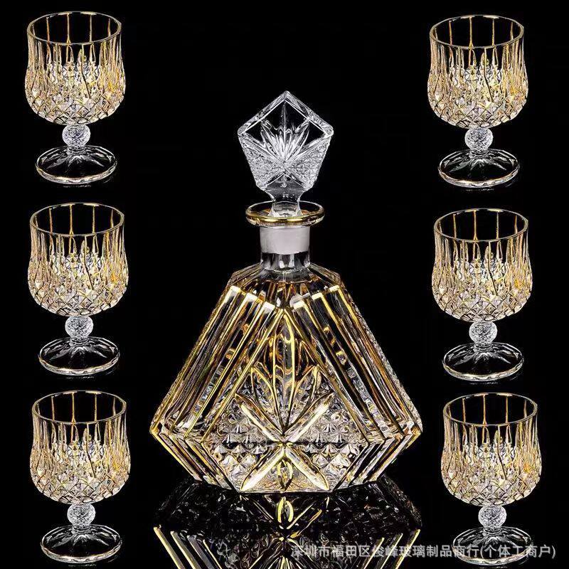 高品质豪华描金水晶威士忌杯套装高颜值红酒瓶酒樽七件套高档酒具