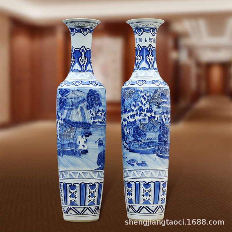 景德镇青花瓷陶瓷器落地大瓶子创意清明上河图客厅插花装饰品摆件