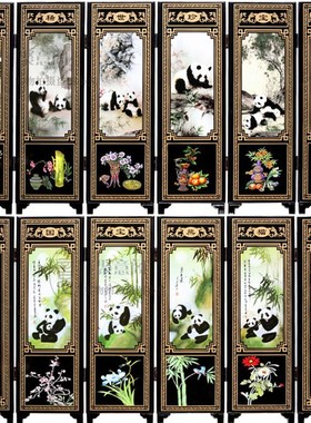 仿古漆器 木质小屏风装饰摆件中国特G色礼品送老外礼物 六扇熊猫