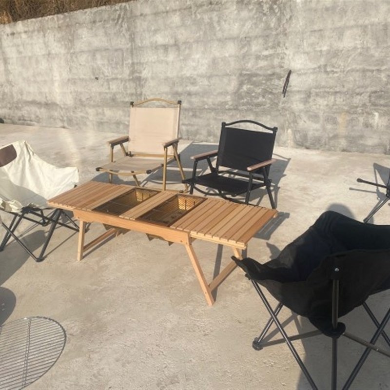 IGT可拼接滑轨折叠实木榉木桌户外露营便携式桌子配X烧烤炉野餐桌