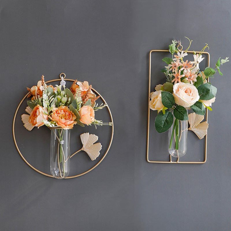 轻奢极简水培植物墙上壁饰仿真花束铁架壁挂玻璃管花瓶.家居装饰