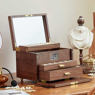 2022新款黑胡桃木实木首饰盒带锁桌面收纳盒大容量高档精致饰品盒