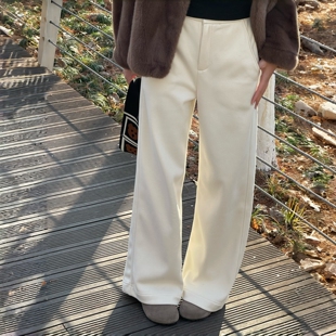 白色羊毛醋酸加绒加厚西装阔腿裤女2026冬新款高腰垂感休闲直筒裤