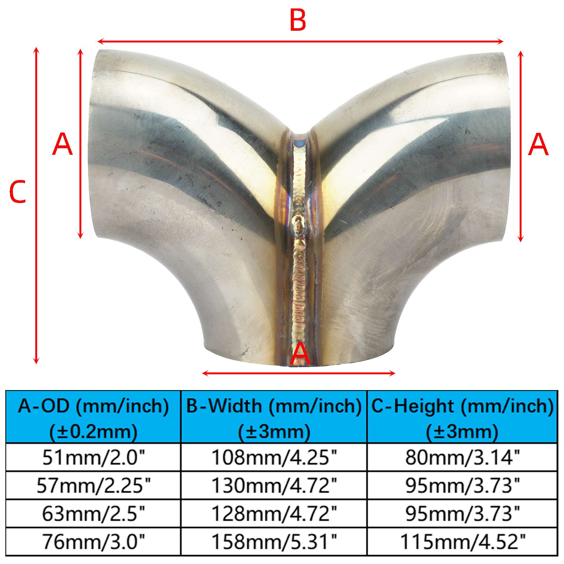 不锈钢排气管Y型三通接头2/2..25/2.5/3inch 51/57/63/76mm连接器
