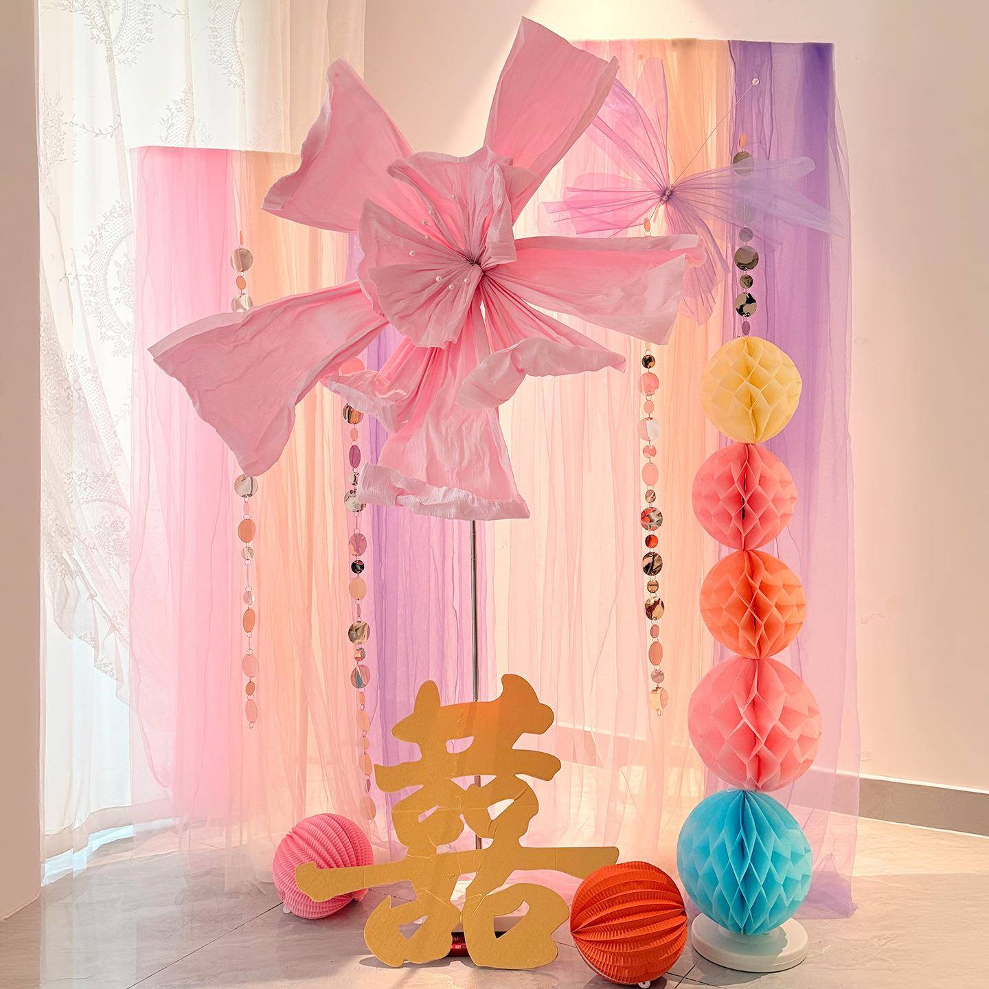 结婚婚房布置纱幔装饰晨袍梦幻拍照区氛围感客厅喜字婚礼场景套装