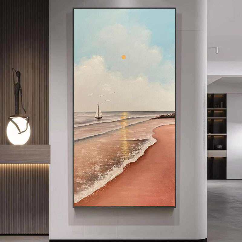 高档手绘油画海景日出玄关装饰画现代肌理画一帆风顺入户走廊过道