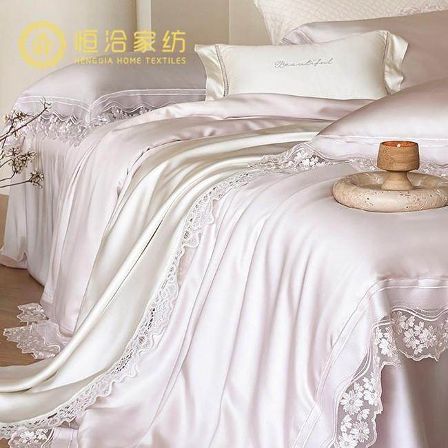 夏季丝滑凉感莱赛尔四件套少女心镂空花边冰丝裸睡被套床品紫色