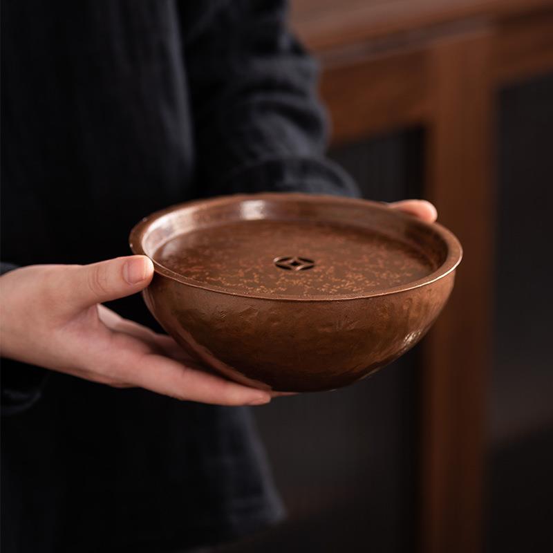 紫铜圆形干泡小托盘手工老锡壶承储水小茶台建水家用蓄水茶壶托盘