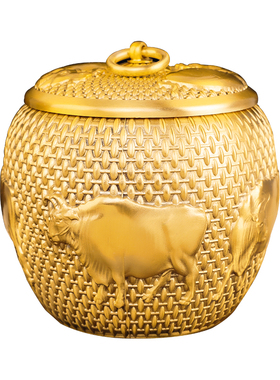 黄铜米缸聚财百福缸聚宝盆茶叶罐带盖子大号家居办公室铜器装饰礼
