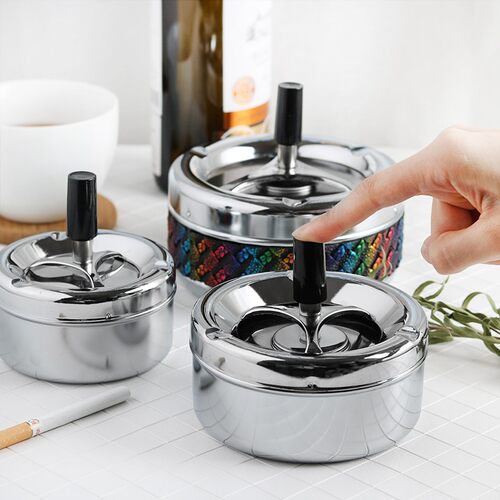 时尚创意大号按压旋转密封防风z带盖家居烟灰缸不锈钢易清洗客餐