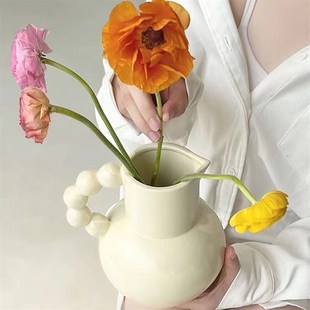 五代果花瓶奶油风提手r陶瓷花器摆件客厅餐厅酒店民宿艺术品摆件