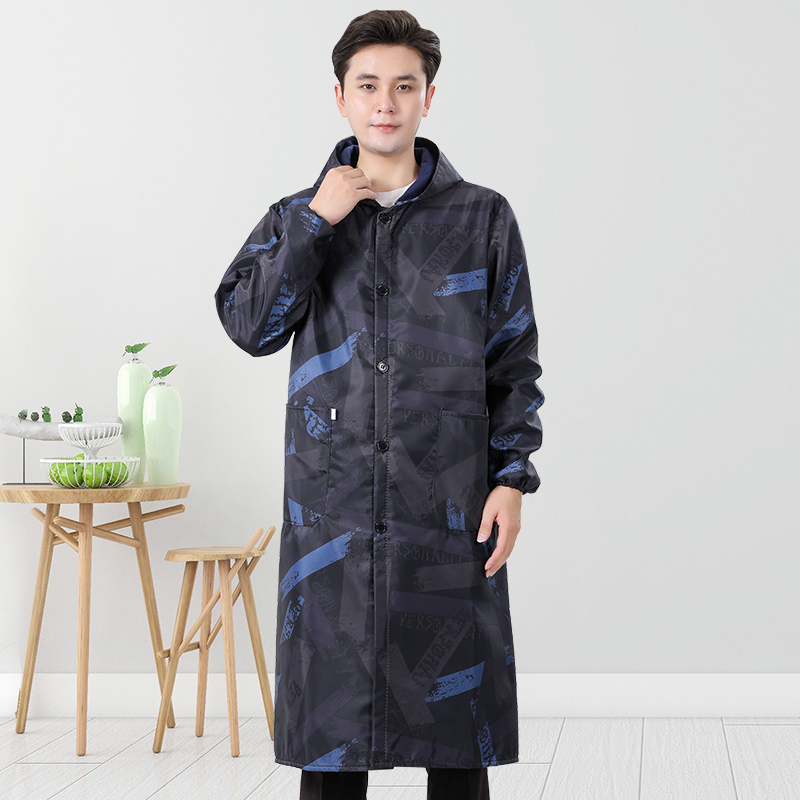 韩版钮扣大人罩衣特长款防水加绒厨房围裙防O脏长袖家用时尚工作