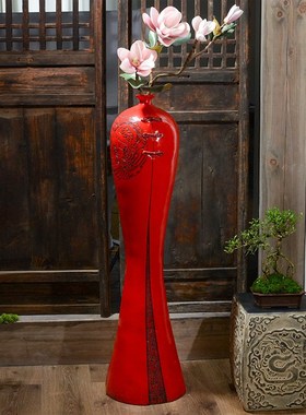 新中式软装红色花瓶客厅插花w长枝高端电视柜旁边落地摆件茶室装