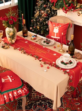 圣诞红色桌旗棉麻l防水桌布长条形布艺餐布圣诞节装饰盖布茶几布