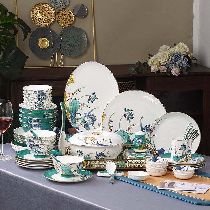 新中式荷花骨瓷套装 家用陶瓷餐具组合碗碟汤碗汤勺饭盘,鲜花速递/花卉仿真/绿植园艺,割草机/草坪机,淘宝优惠券,粉丝福利购,淘宝优惠卷