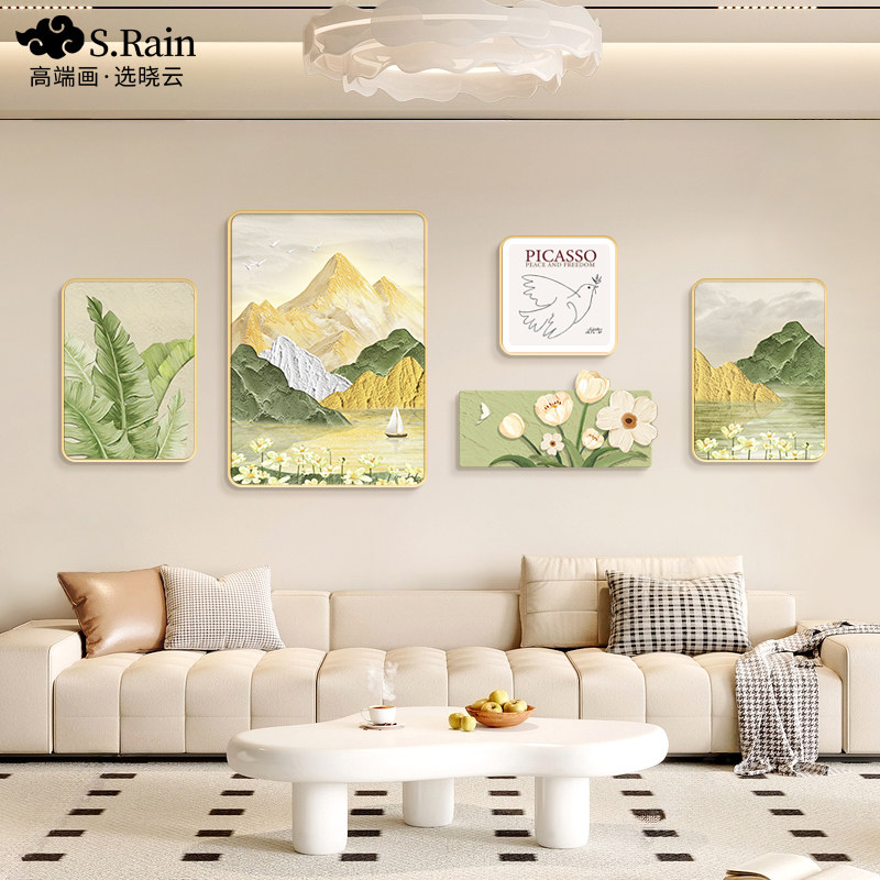 奶油风客厅装饰画沙发背景墙挂画大芬村油画高级感山W水画风景壁