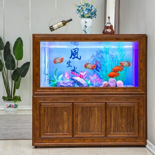 新中式 鱼缸客厅木纹屏风办公室靠墙中大型龙鱼缸复古实木底部过滤