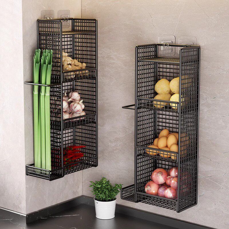 厨房葱姜蒜收纳筐收纳免墙挂式打孔铁艺墙壁挂架多层蔬菜调料篮架