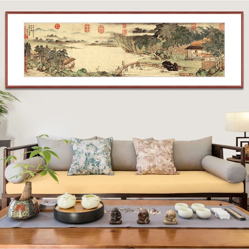 名人仿古做旧画携琴访友图 古画青绿山水画文人墨客茶室书房字画
