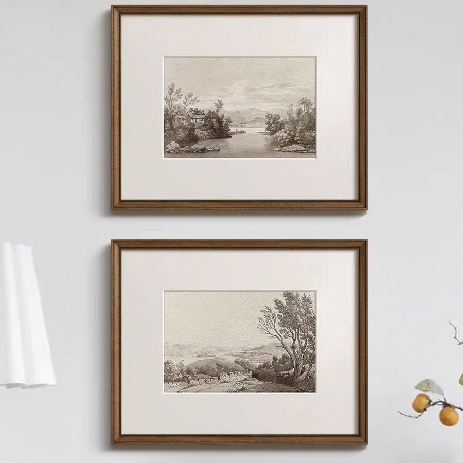 风景素描版画法式黑白复古客厅装饰画美式中古风餐厅玄关走廊挂画