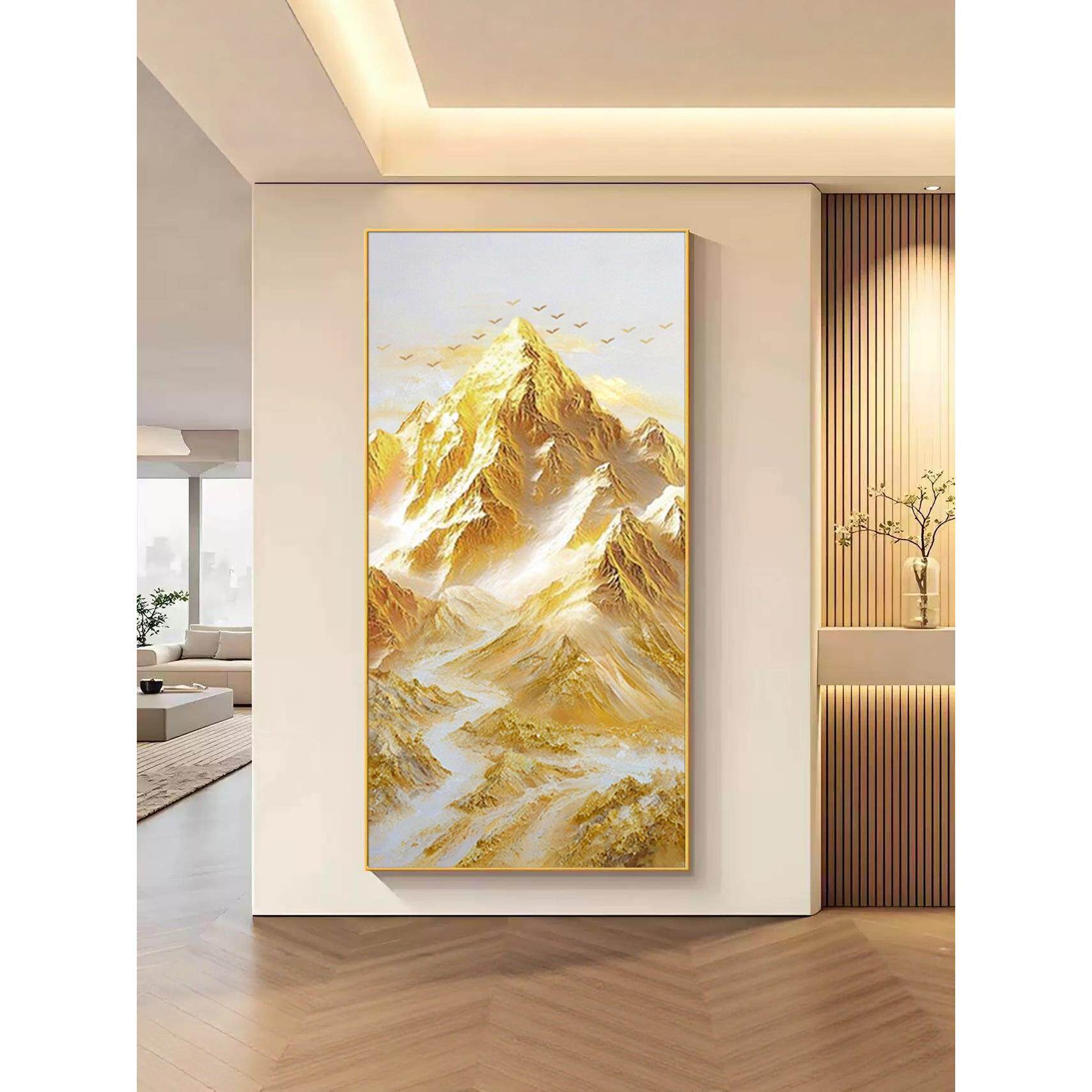 日照金山手绘油画新款入户玄关装饰画大芬村金箔轻奢走廊过道挂画