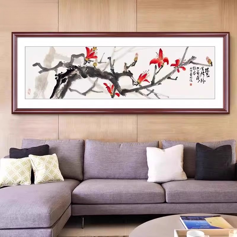 木棉花水墨国画客厅装饰画新中式沙发背景墙画单幅实木框装裱壁画