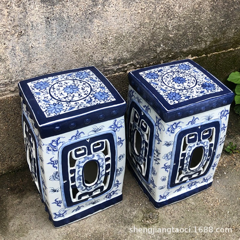景德镇手绘古典青花瓷方凳坐墩中式客厅边几浴凳梳妆凳子卧室摆件