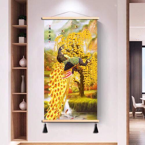 流苏孔雀装饰画轻奢玄关大幅家和万事兴壁画轻奢吉祥富贵挂布墙画