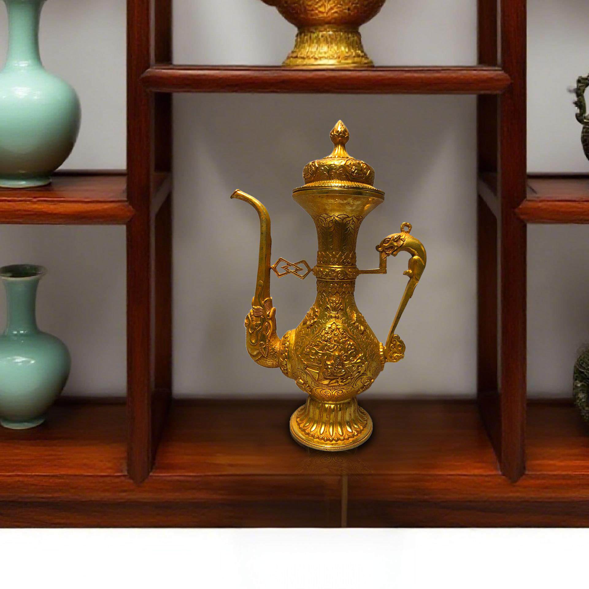 复古纯铜鎏金仿金藏式茶酒壶摆件 黄铜工艺品 文创市集古玩老物件