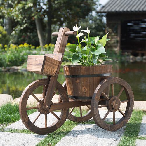 碳化防腐木花车 有篮三轮花车四轮景观花盆花槽花箱户外装饰花架