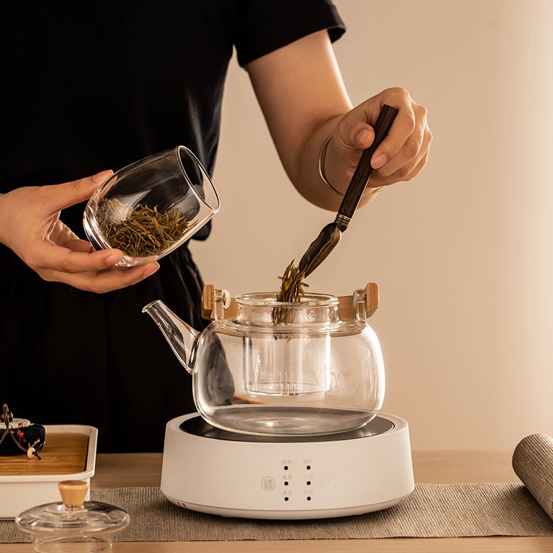 日式锤纹玻璃煮茶壶藤编提梁壶耐高温烧水壶黑晶炉煮茶器