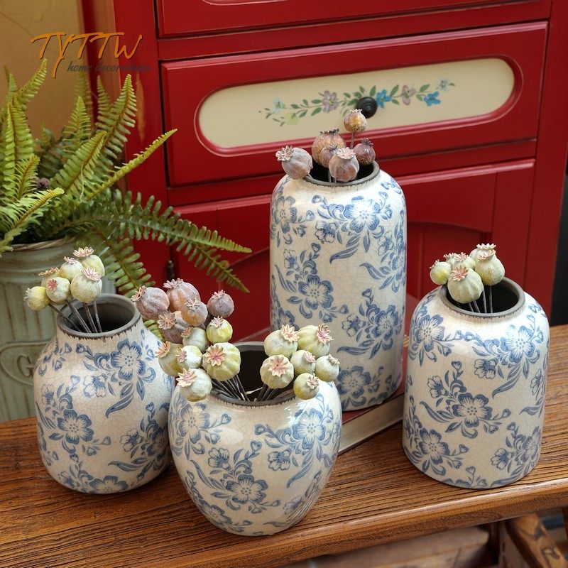 新中式青花古法冰裂纹陶瓷花瓶花器桌面书房办公室样板间装饰摆饰,家居饰品,桌面摆件,淘宝优惠券,粉丝福利购,淘宝优惠卷