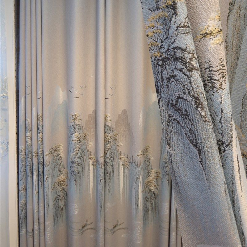 全屋定制窗帘阳台客厅卧室飘窗简约现代中式山水画隔音隔热遮光布