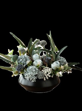 新中式古典高级感仿真花假花轻奢雾蓝色客厅餐桌茶几W茶室装饰摆