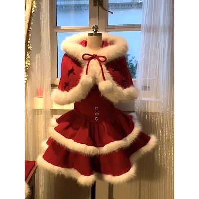 2025冬季“红丝绒蛋糕” 公主蓬蓬裙+毛毛拼接披肩套装新款两件套