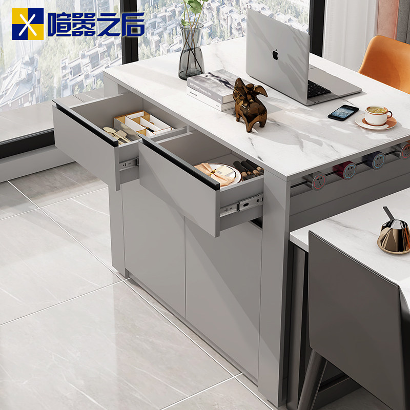 意式轻奢岩板岛台餐桌一体家用吧台桌开放式厨房餐边柜茶水柜8E8