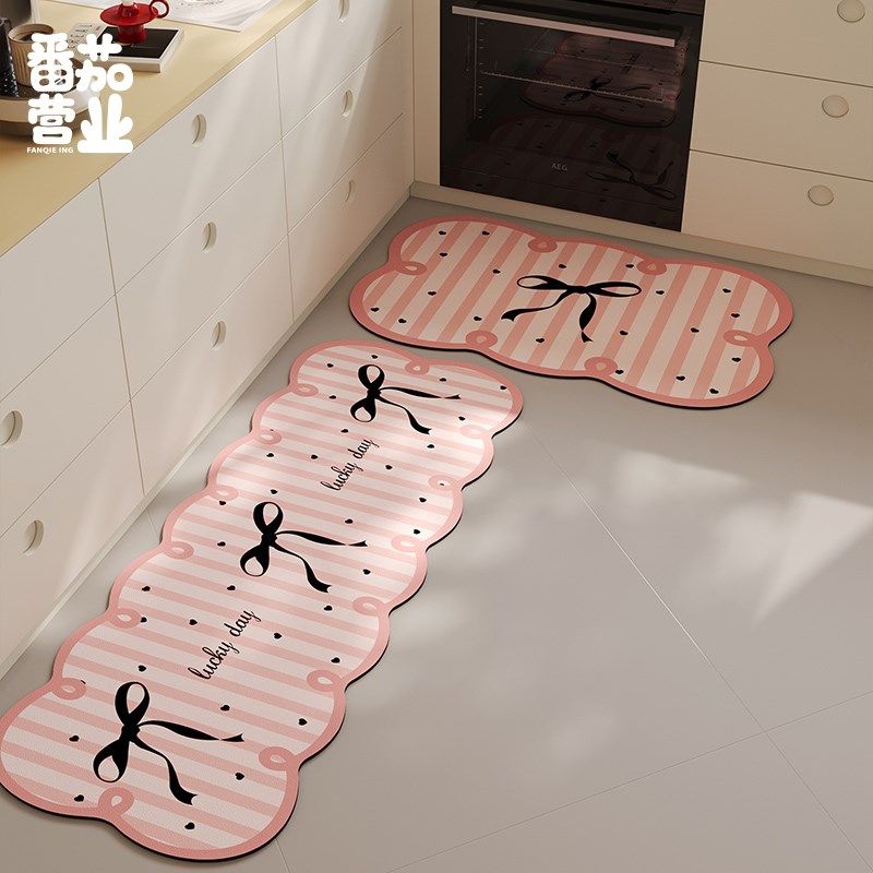 韩式蝴蝶结厨房专用地垫皮革吸水吸油家用防滑垫子高级感长条门垫,居家布艺,厨房地垫,淘宝优惠券,粉丝福利购,淘宝优惠卷