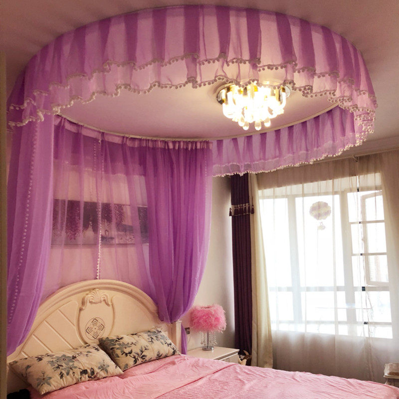 圆顶圆床轨道公主欧式宫廷床幔纱床帘装饰纱酒店家用毛球隔断帘紫