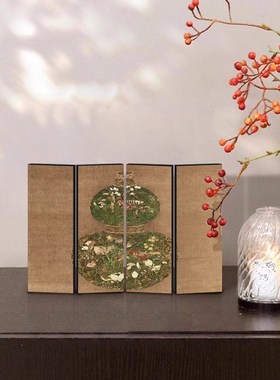 金钱豹新中式屏风桌面摆件画复古客厅餐边柜摆台画可Y折叠送礼装
