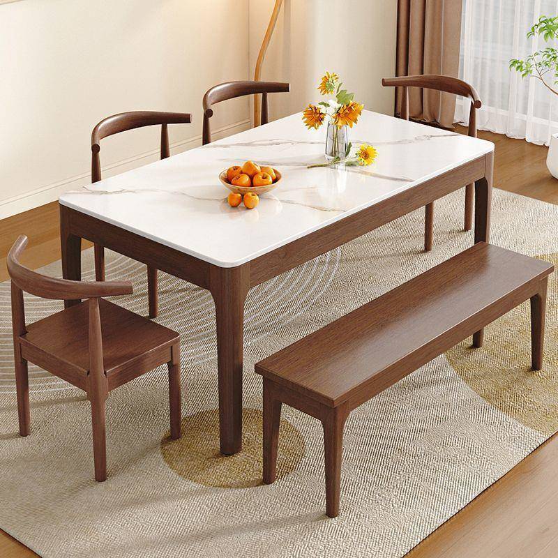岩板实木胡桃色轻奢简约现代小户型长方形吃饭桌子岩板餐桌椅组合