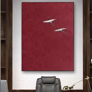纯手绘红色装饰画现代抽象丹顶鹤挂画入户玄幻酒店民宿别墅落地画
