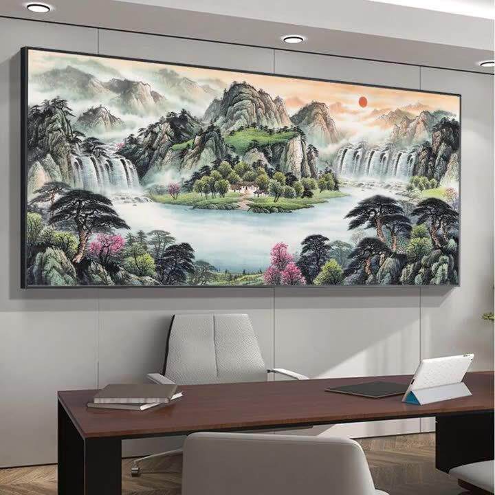 山水风景油画布喷绘铝合金挂画字画壁画办公室国画沙发客厅装饰画
