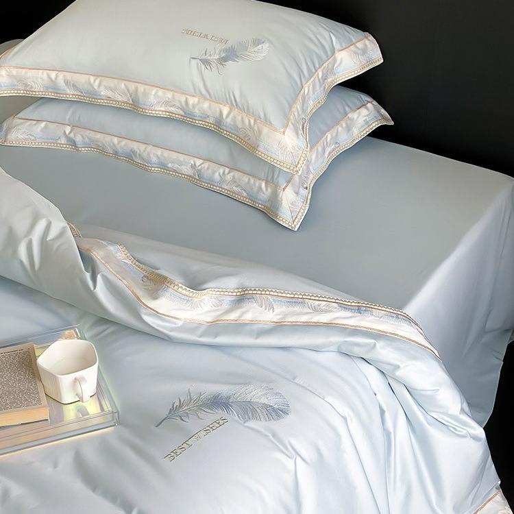 简约轻奢风四季双股澳棉全棉四件套羽毛刺绣纯棉被套1.8床上用品