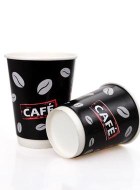 90口径14盎司400ml黑色双层中空外贴隔热饮水咖啡奶茶纸杯子 带盖
