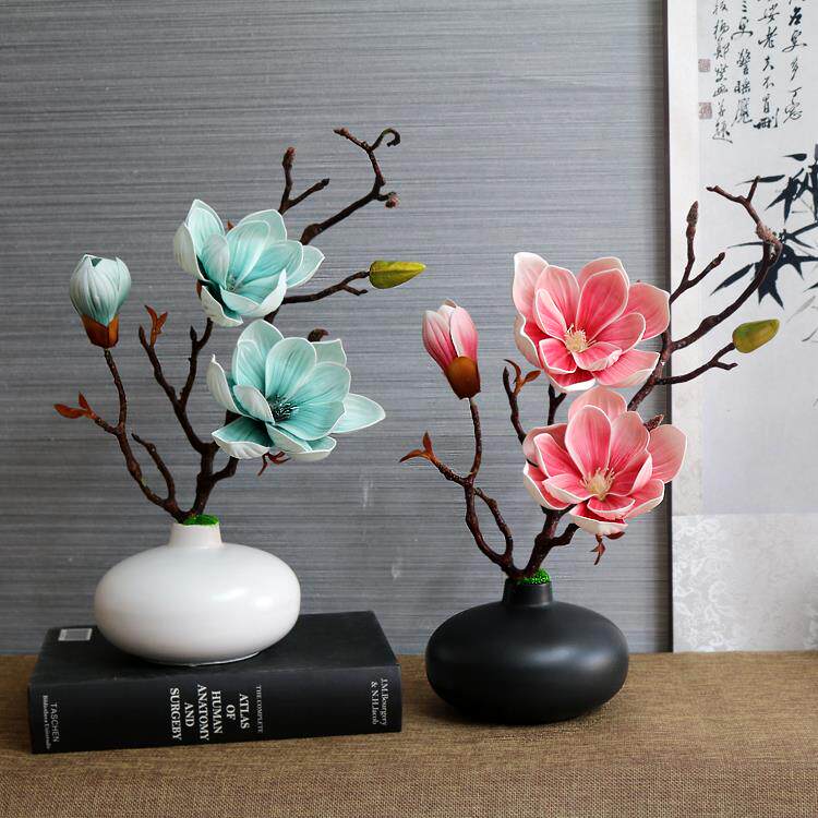 花手感玉兰花套装盆景新中式花艺客厅装饰花电视柜假花摆件