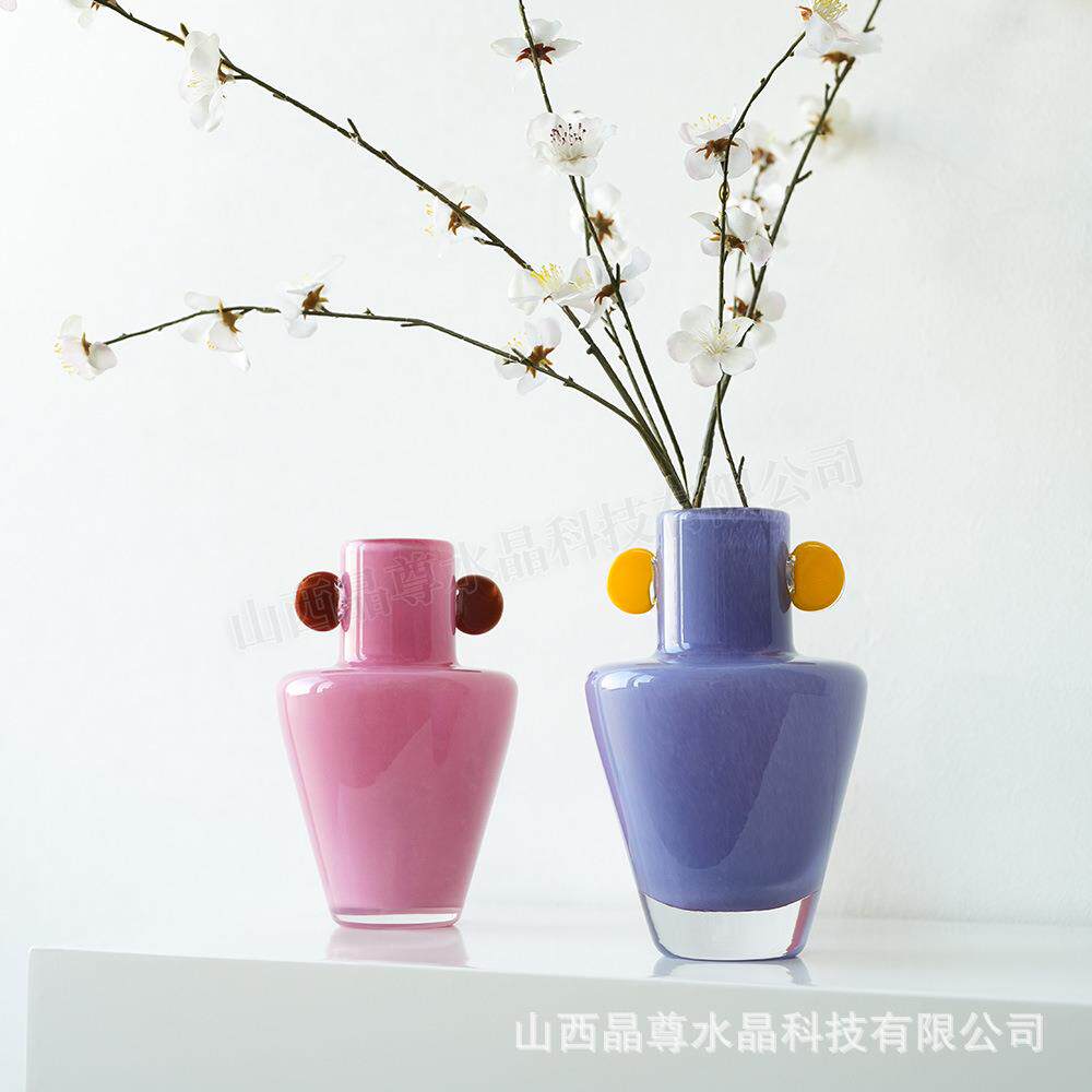 轻奢创意玻璃花瓶轻奢糖果色中古花器插花摆件样板间餐桌花瓶家居