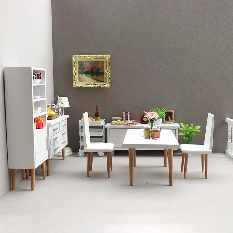1:12娃娃屋dollhouse迷你家具餐厅微场景摆件白色现代桌椅柜子
