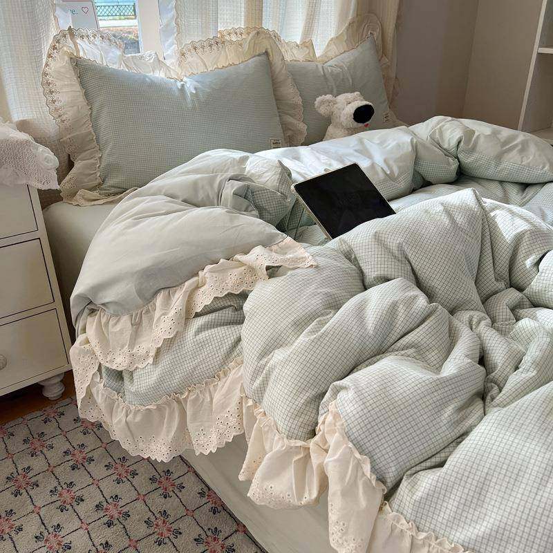 韩式小清新全棉色织水洗棉床上四件套格子花边纯棉被套床单1.5m,电子元器件市场,其它元器件,淘宝优惠券,粉丝福利购,淘宝优惠卷