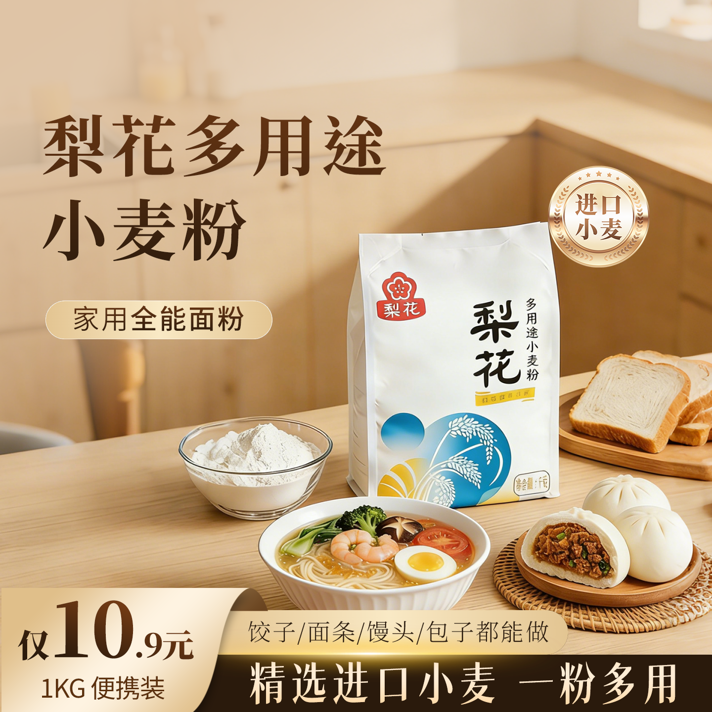 梨花多用途小麦粉1KG进口小麦面粉家用全能粉包子馒头面条通用粉